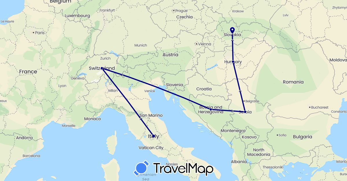 TravelMap itinerary: driving in Bosnia and Herzegovina, Switzerland, Hungary, Italy, Serbia, Slovakia (Europe)